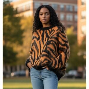 Topshop Orange Black Tiger Stripe Fuzzy Knit Sweater Top XS NWT‎